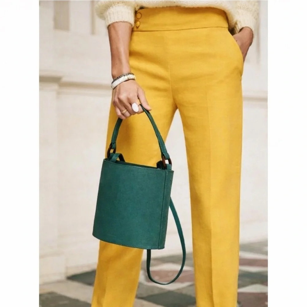 Sezane Georges Dress Pants Tailored Pleated Linen Mustard Yellow Size 8 Fr 40